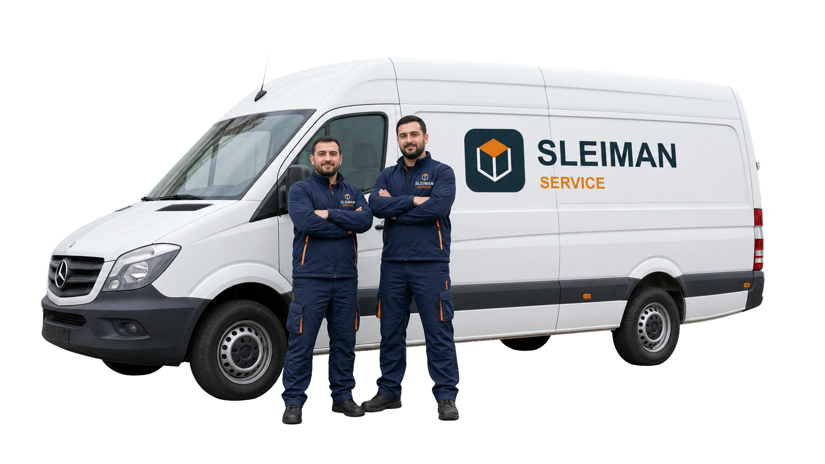 Zwei Mitarbeiter von Sleiman Service mit dem Firmenfahrzeug